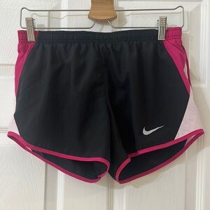 Nike Black and Pink Athletic Shorts with Curved Hem